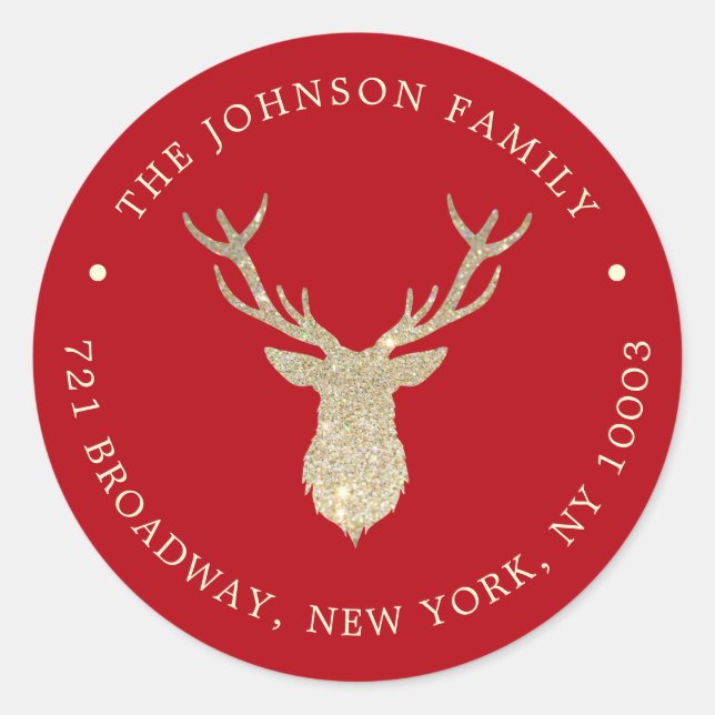 Sticker Rond Luxury Gold Reindeer Red Christmas Return Address (Devant)