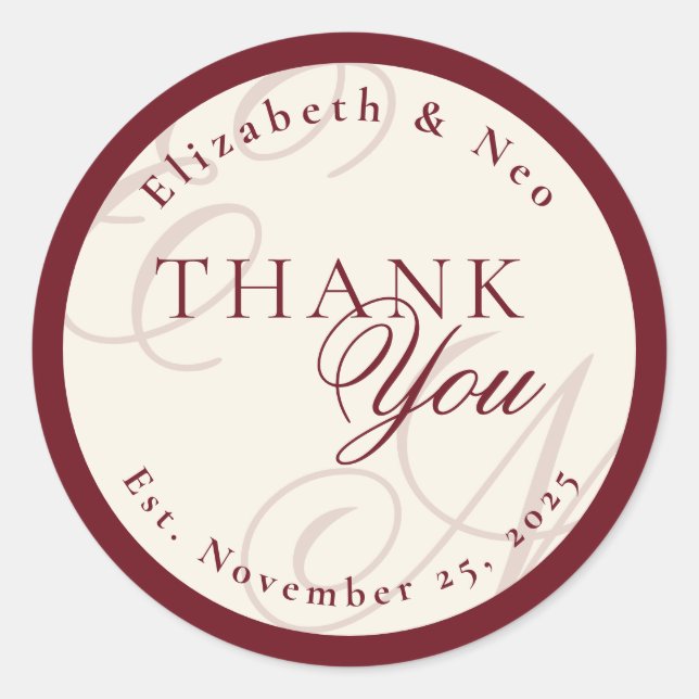 Sticker Rond Luxury Monogram Ivory Wedding Thank You (Devant)