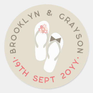 Sticker Rond M. et Mme Fleurs Roses Tongs Mariage sur la Plage