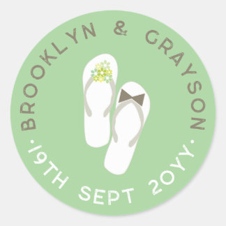 Sticker Rond M. et Mme Green Fleurs Tongs Mariage à la Plage