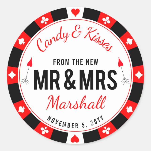 Sticker Rond M. et Mme Las Vegas Poker Chip Wedding Favor (Devant)