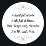 Sticker Rond M. et Mme Mariage Kisses Poème<br><div class="desc">Ce charmant autocollant rond M. et Mme présente un poème chéri personnalisé avec les noms de la mariée et du marié. Ce serait un autocollant parfait pour mettre en avant un ballotin tenant Hershey Kisses.</div>