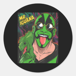 Sticker Rond M. Iguane Langue Dehors Drôle Lutteur Lézard Dessi