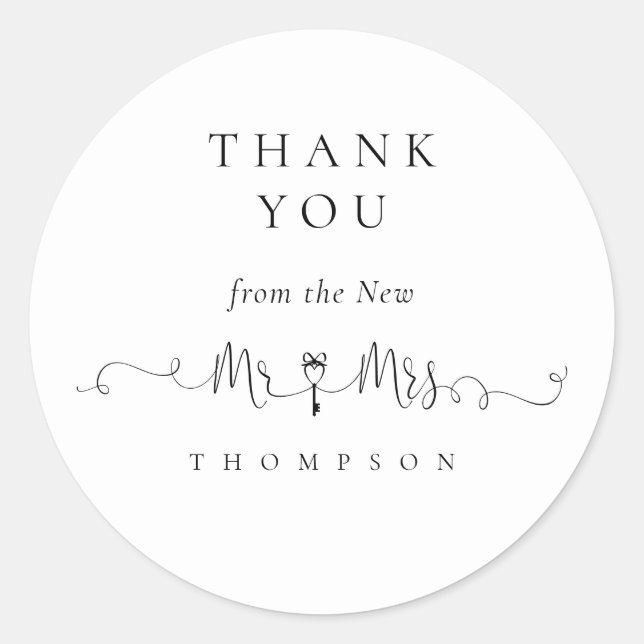 Sticker Rond M. Mme Clé Symbole Script Mariage Merci (Devant)