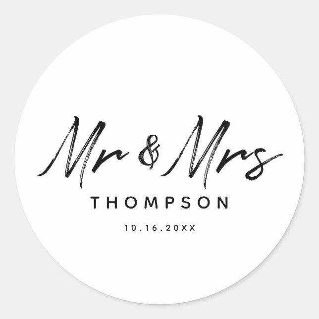 Sticker Rond M. & Mme Modern Black White Script Mariage (Devant)