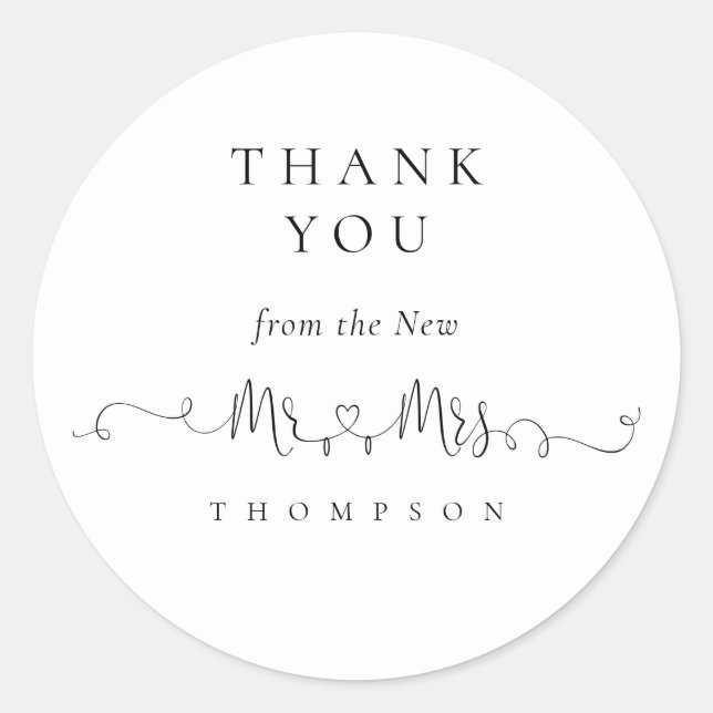 Sticker Rond M. Mme Rings Mariage de script de coeur Merci (Devant)