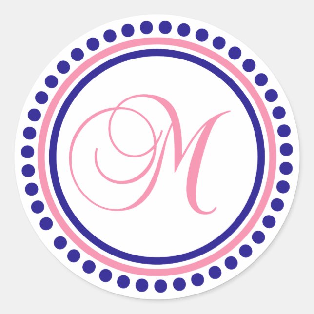 Sticker Rond M Monogramme (bleu marine/cercle à points roses) (Devant)