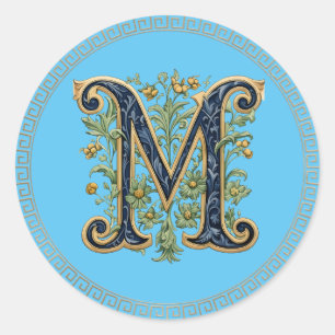 Sticker Rond M monogramme fleur d'or bleu