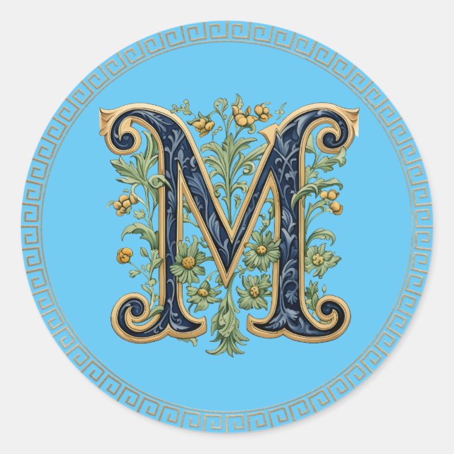Sticker Rond M monogramme fleur d'or bleu (Devant)