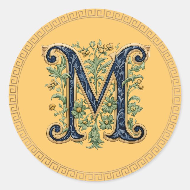 Sticker Rond M monogramme fleur d'or bleu (Devant)
