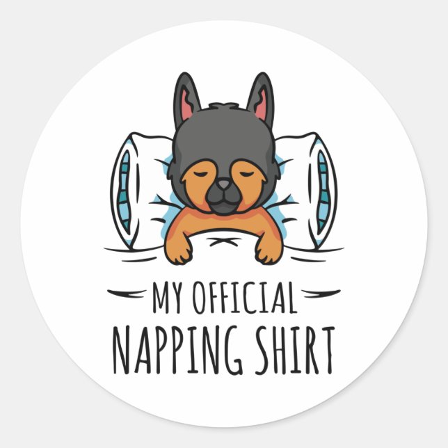 Sticker Rond Ma chemise de sieste officielle avec chien couchan (Devant)