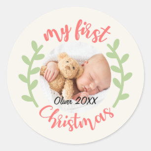 Sticker Rond Ma première photo de bébé de Noël