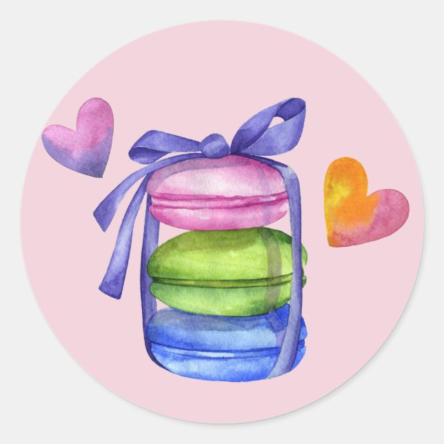Sticker Rond Macaron Pâtisserie Aquarelle Coloré Rose Français (Devant)