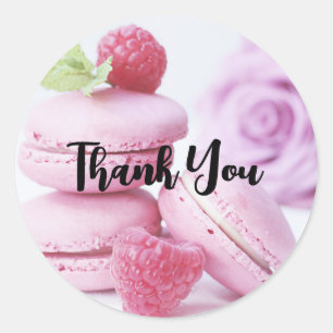 Sticker Rond Macarons framboises roses Merci pâtissier français