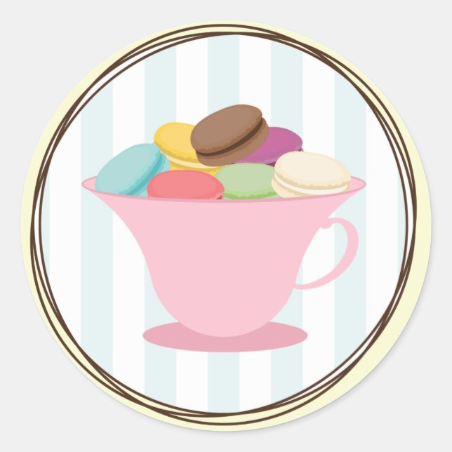 Sticker Rond Macarons Français En Stick Tasse De Thé Rose (Devant)
