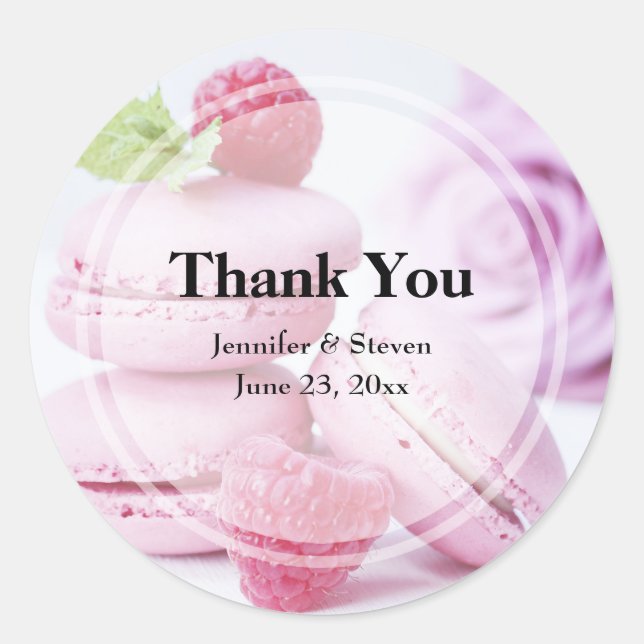 Sticker Rond Macarons roses et framboises rouges Merci Mariage (Devant)
