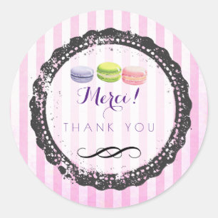 Sticker Rond Macarons Sur Les Bandes Roses Merci