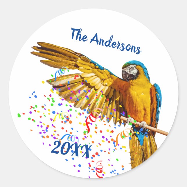 Sticker Rond Macaw bleu et jaune lance Confetti (Devant)