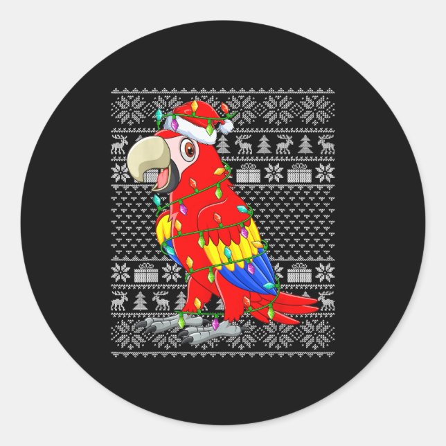 Sticker Rond Macaw Parrot Christmas Lights Ugly Sweater Funny B (Devant)