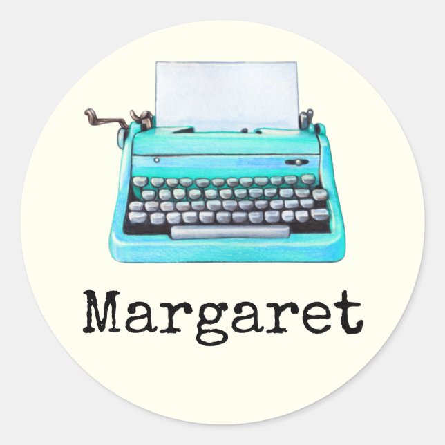 Sticker Rond Machine à écrire avec le nom Girly Aqua Retro 60s (Devant)
