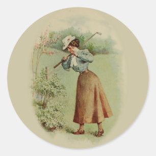 Sticker Rond Madame jouante au golf vintage Art