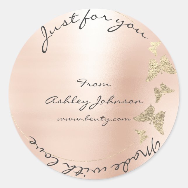 Sticker Rond Made Love For You Name Butterfly Blush Rose or (Devant)