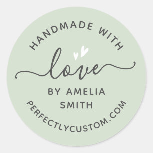 Sticker Rond Made with love heart name URL light sage green