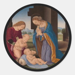 Sticker Rond Madonna adorant l'enfant avec le saint infantile