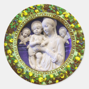 STICKER ROND MADONNA AVEC ENFANT ET ANGES COURONNE FLORALE