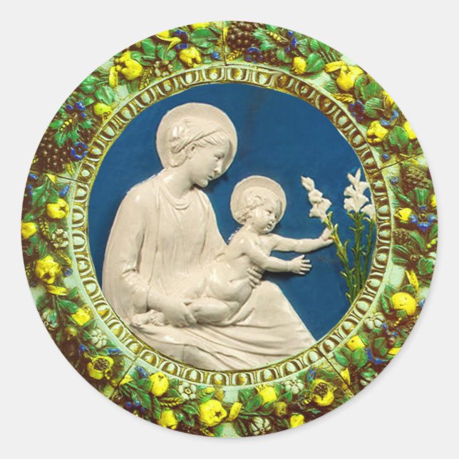STICKER ROND MADONNA AVEC ENFANT ET MENSONGE BLANC FLORAL CROWN (Devant)