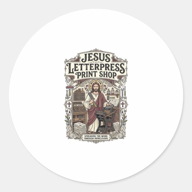 Sticker Rond Magasin d'impression Jésus Letterpress Jésus Lette (Devant)