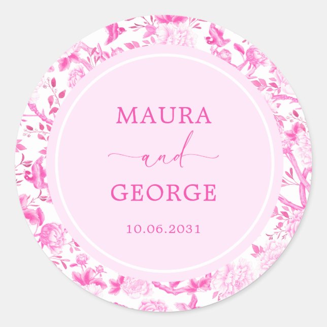 Sticker Rond Magenta Chinoiserie Flower Bird Porcelain Mariage (Devant)