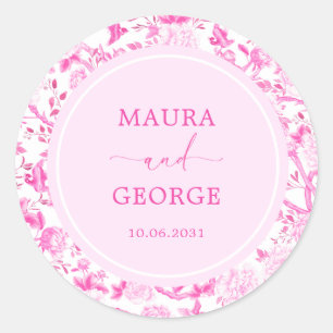Sticker Rond Magenta Chinoiserie Flower Bird Porcelain Mariage