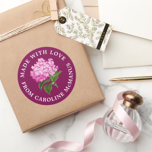 Sticker Rond Magenta et Hydrangée rose Fabriquée avec amour (Cadeaux)