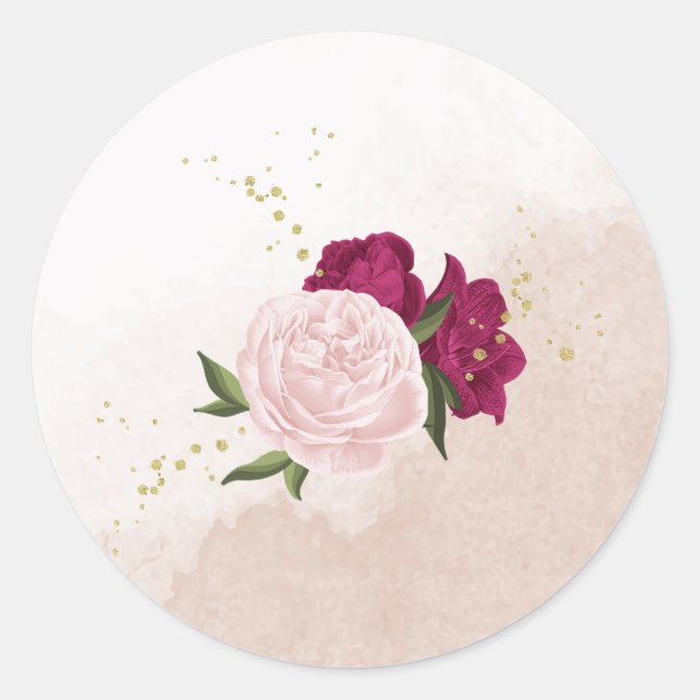 Sticker Rond magenta fleurs roses verdure mariage (Devant)