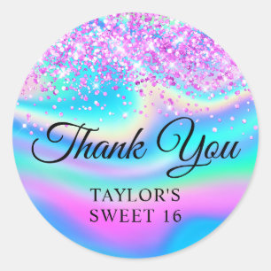 Sticker Rond Magenta Rose Pailleté Iridescent Merci Sweet 16