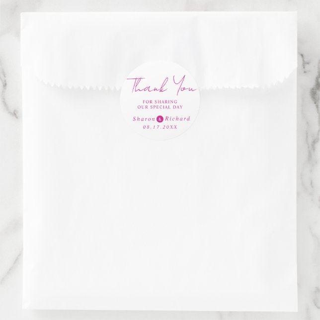 Sticker Rond Magenta script calligraphie Merci mariage (Sac)
