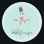 Sticker Rond Magic and Wonder Christmas Snowman Mint ID440<br><div class="desc">Beau autocollant rond design de Noël avec un bonhomme de neige stylisé encadré en blanc sur un arrière - plan vert menthe parsemé de flocons de neige et d'étoiles. La typographie branchée de 'Magic and Wonder' complète le design. Ajoutez votre nom pour personnaliser si vous préférez. Recherchez ID440 pour voir...</div>