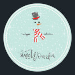 Sticker Rond Magic and Wonder Christmas Snowman Mint ID440<br><div class="desc">Beau autocollant rond design de Noël avec un bonhomme de neige stylisé encadré en blanc sur un arrière - plan vert menthe parsemé de flocons de neige et d'étoiles. La typographie branchée de 'Magic and Wonder' complète le design. Ajoutez votre nom pour personnaliser si vous préférez. Recherchez ID440 pour voir...</div>