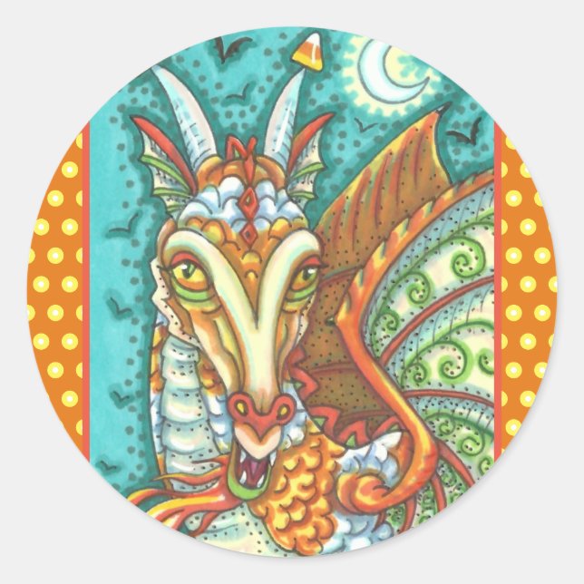 STICKER ROND MAGIC CANDY CORN DRAGON, IMAGINAIRE HALLOWEEN (Devant)
