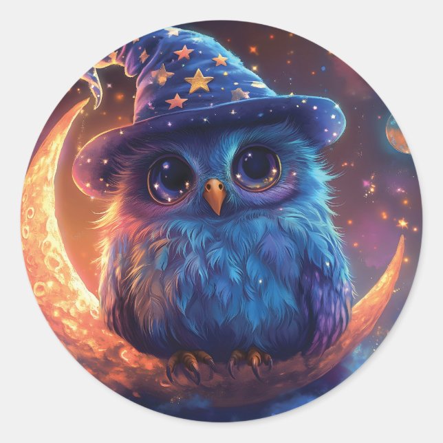 Sticker Rond Magic Owl Wizard on the Moon : Magical Imaginaire  (Devant)