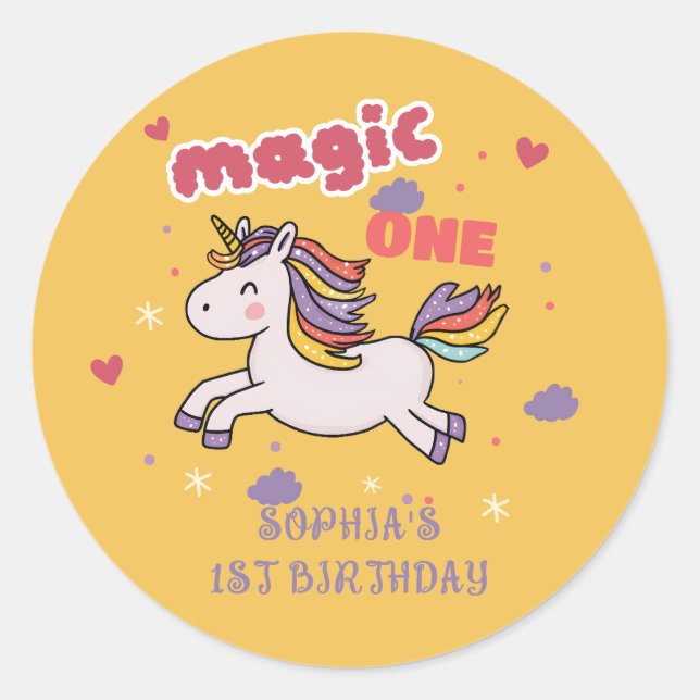 Sticker Rond Magical Unicorn 1st Birthday Invitation (Devant)