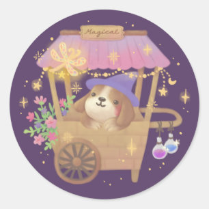 Sticker Rond Magicien Chiot : Chariot de Vendeur Magique Vintag