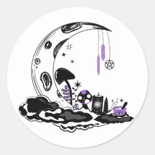 Sticker Rond Magie Champignons Cristal Lune Jardin Anniversaire