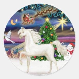 Sticker Rond Magie de Noël - Cheval Arabe Blanc