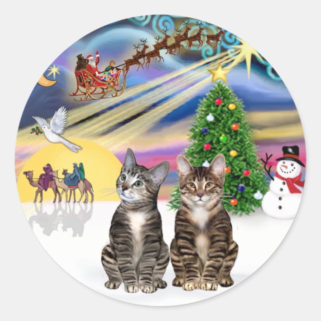 Sticker Rond Magie de Noël (R) - Deux chats Tabby Brown (Devant)