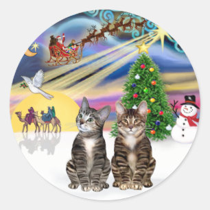 Sticker Rond Magie de Noël (R) - Deux chats Tabby Brown