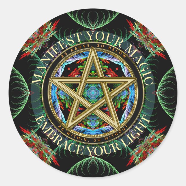 Sticker Rond Magie du Pentacle Doré Fractales (Devant)