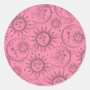 Sticker Rond Magie Rose Vintage Céleste Soleil Lune Étoiles