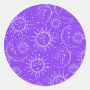 Sticker Rond Magie Violette Céleste Vintage Soleil Lune Étoiles